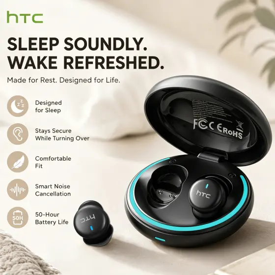 HTC NE92 Sleep Earbuds Wireless Bluetooth Earphones Comfortable To Wear Headphones 50Hrs Playback Low Latency Clear Sound Qualit