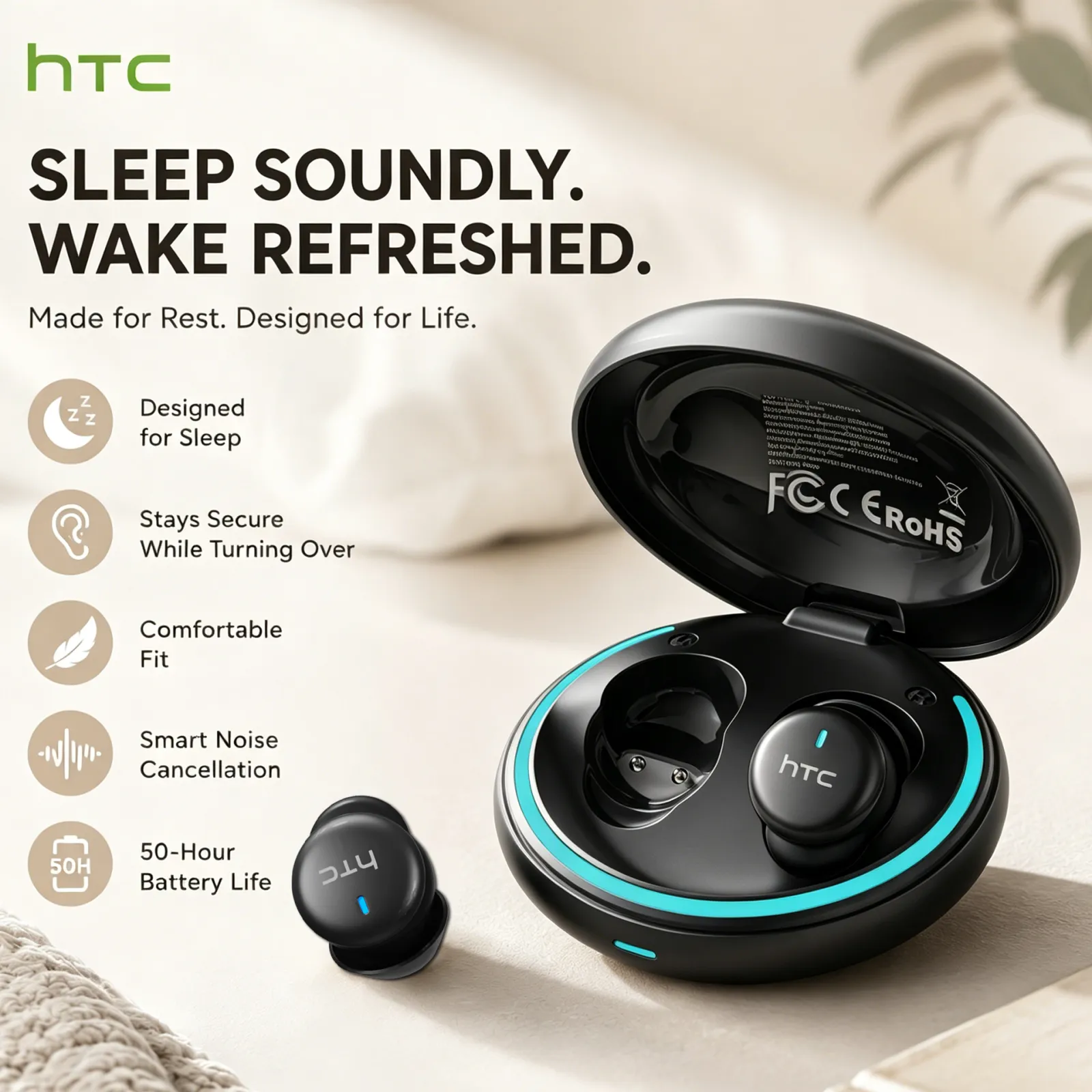 HTC NE92 Sleep Earbuds Wireless Bluetooth Earphones Comfortable To Wear Headphones 50Hrs Playback Low Latency Clear Sound Qualit — product photo